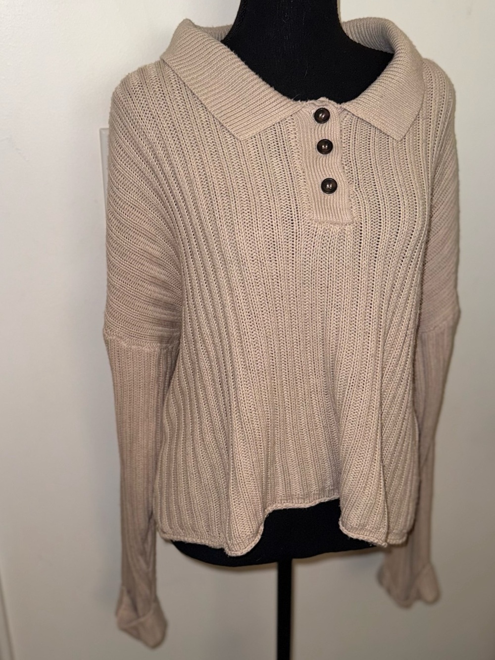 PINQUE Iyana Collared Rib Knit Sweater Neutral Beige Henley Button Front - L